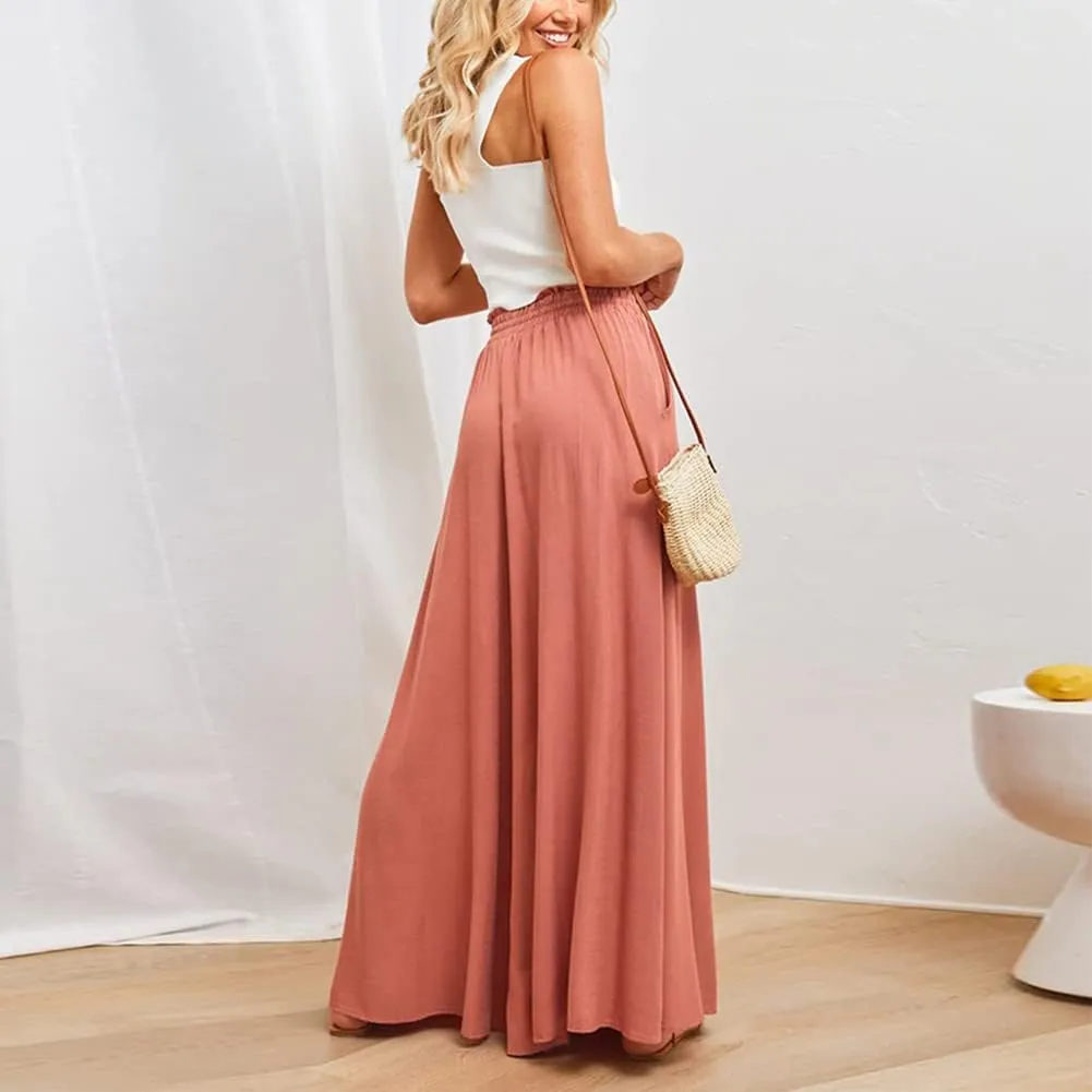 Womens Wide Leg Pants Casual Loose Drawstring Elastic Waist Beach Culottes Pants