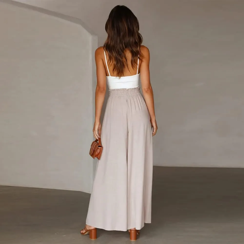 Womens Wide Leg Pants Casual Loose Drawstring Elastic Waist Beach Culottes Pants