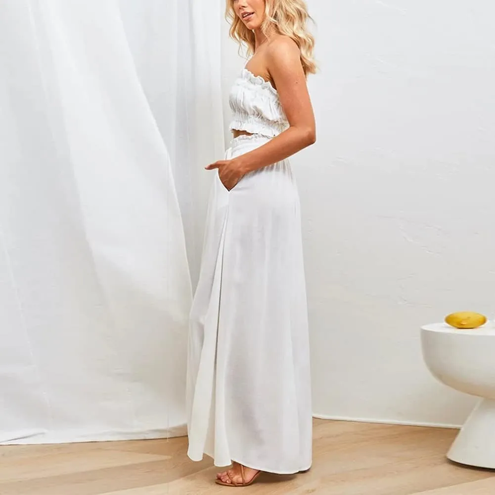 Womens Wide Leg Pants Casual Loose Drawstring Elastic Waist Beach Culottes Pants