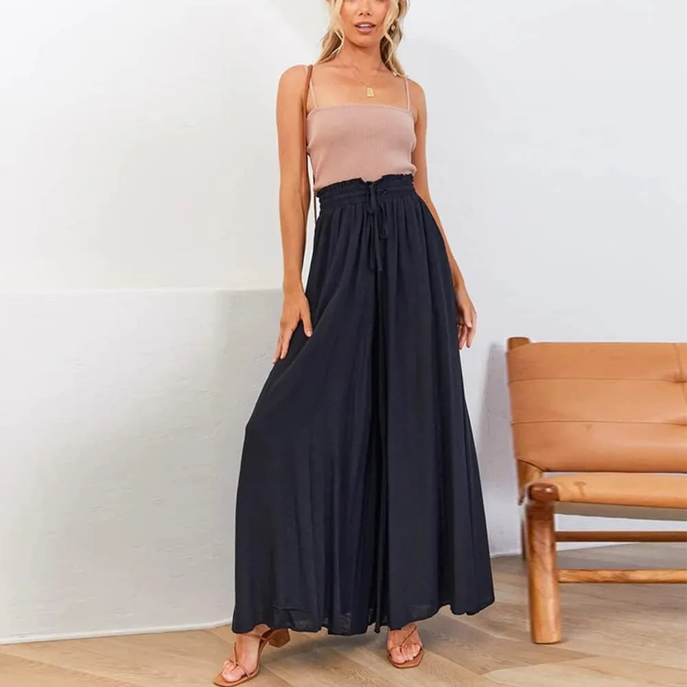 Womens Wide Leg Pants Casual Loose Drawstring Elastic Waist Beach Culottes Pants