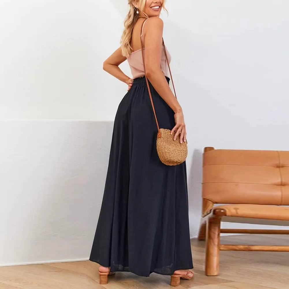 Womens Wide Leg Pants Casual Loose Drawstring Elastic Waist Beach Culottes Pants
