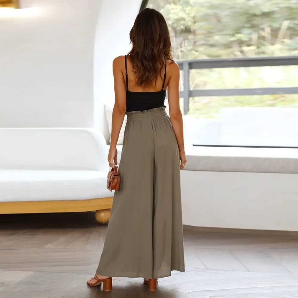 Womens Wide Leg Pants Casual Loose Drawstring Elastic Waist Beach Culottes Pants