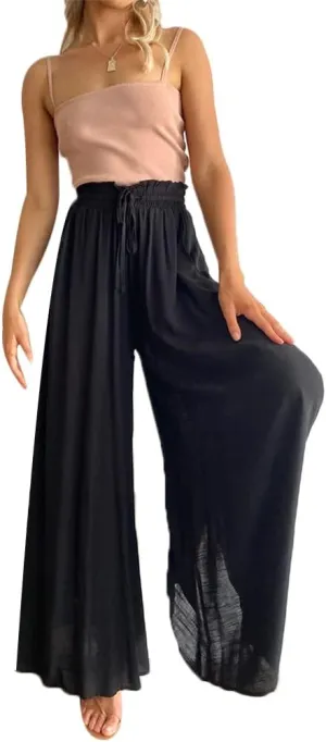 Womens Wide Leg Pants Casual Loose Drawstring Elastic Waist Beach Culottes Pants