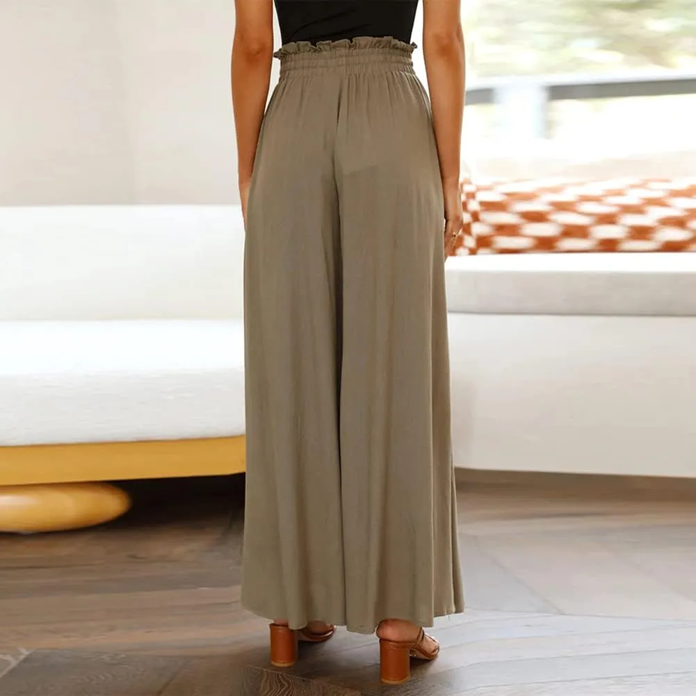 Womens Wide Leg Pants Casual Loose Drawstring Elastic Waist Beach Culottes Pants