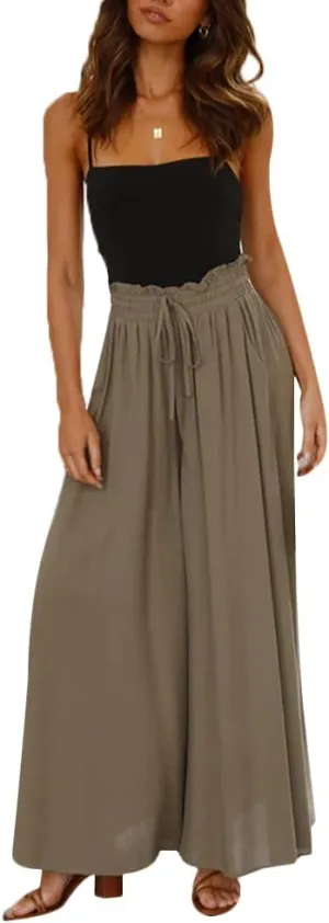 Womens Wide Leg Pants Casual Loose Drawstring Elastic Waist Beach Culottes Pants
