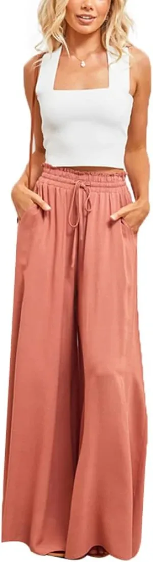 Womens Wide Leg Pants Casual Loose Drawstring Elastic Waist Beach Culottes Pants