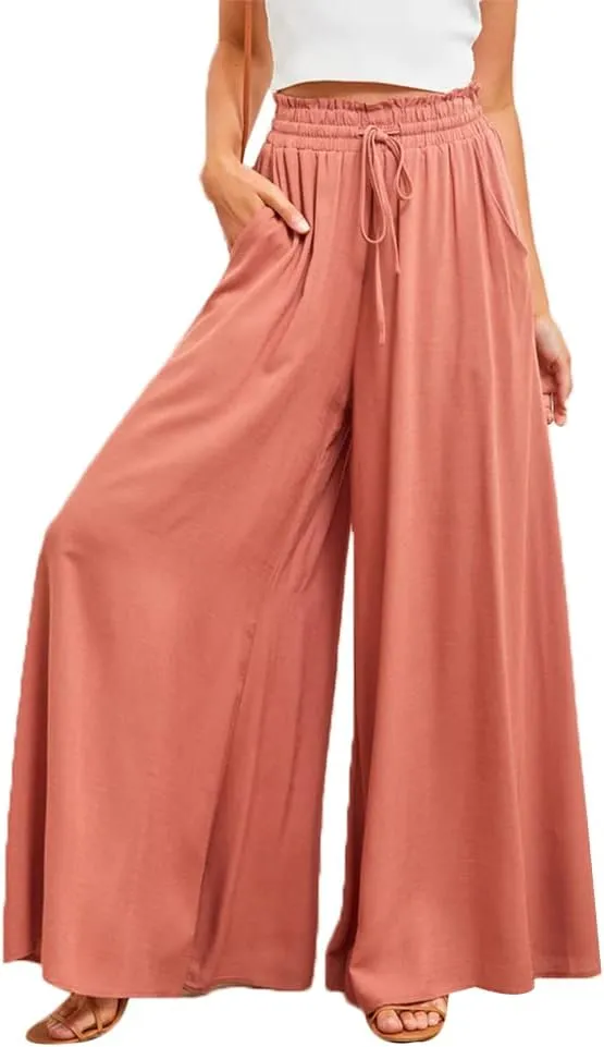 Womens Wide Leg Pants Casual Loose Drawstring Elastic Waist Beach Culottes Pants