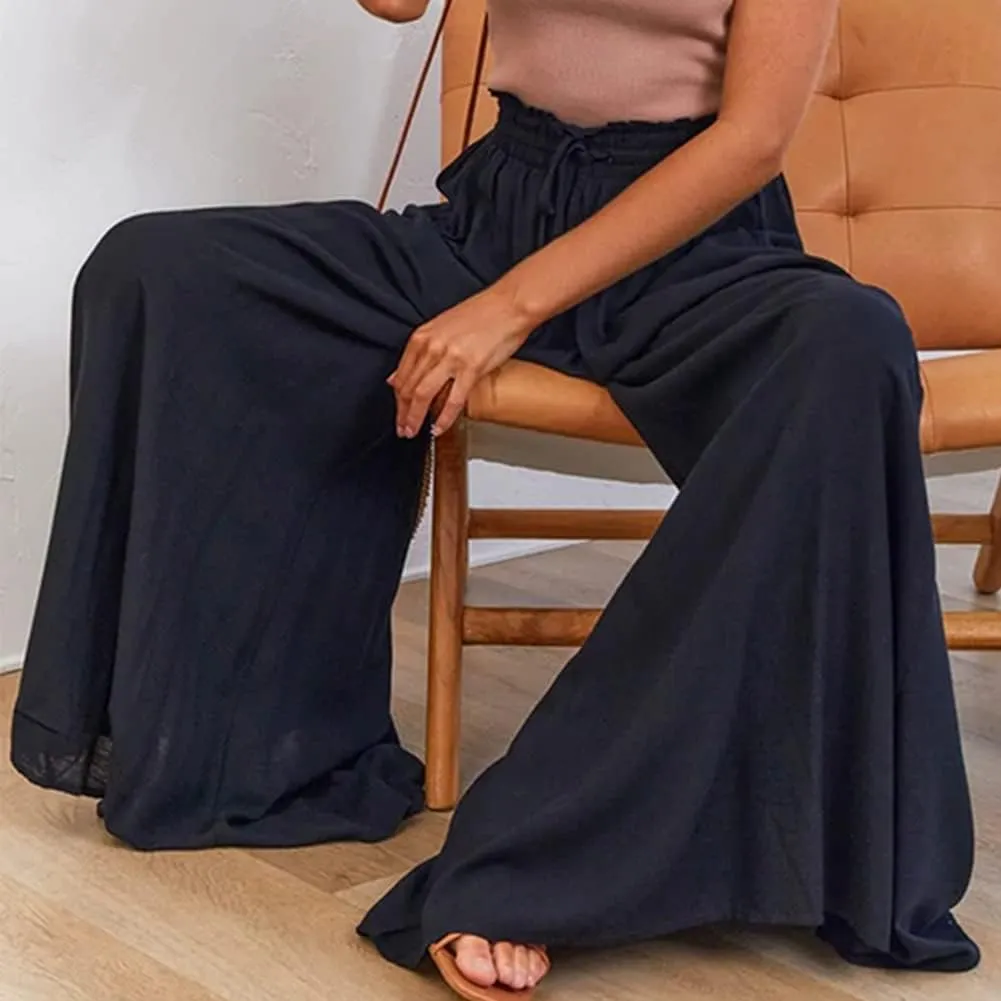 Womens Wide Leg Pants Casual Loose Drawstring Elastic Waist Beach Culottes Pants