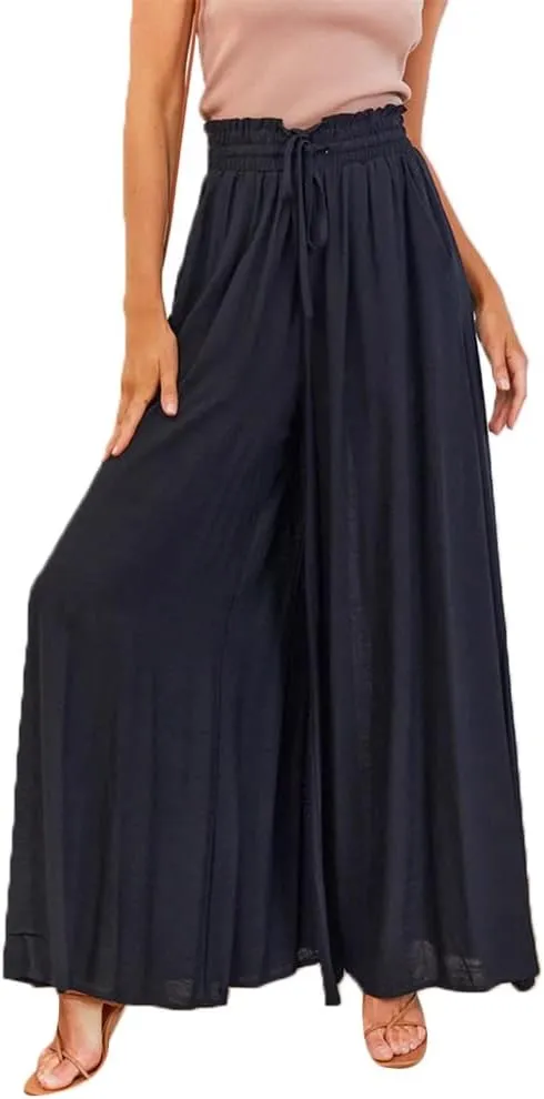 Womens Wide Leg Pants Casual Loose Drawstring Elastic Waist Beach Culottes Pants