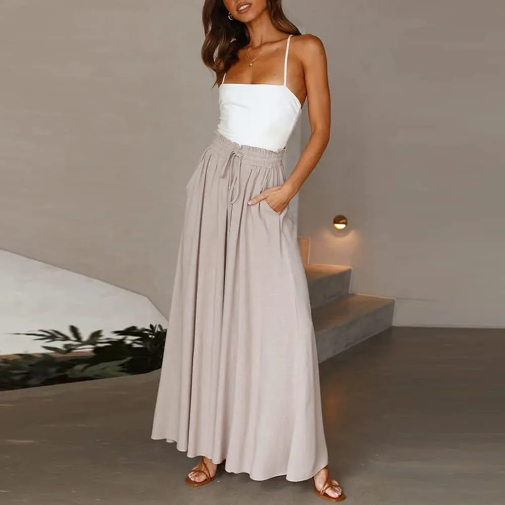 Womens Wide Leg Pants Casual Loose Drawstring Elastic Waist Beach Culottes Pants