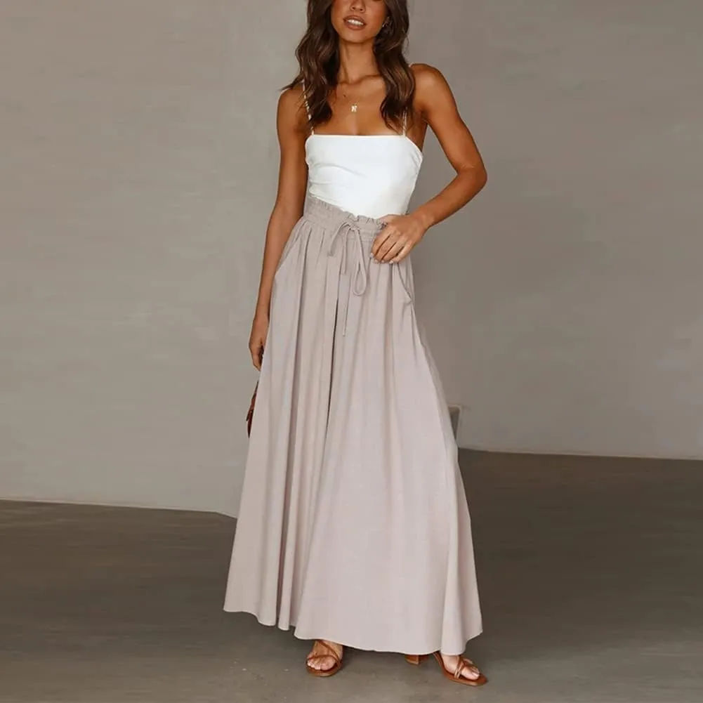 Womens Wide Leg Pants Casual Loose Drawstring Elastic Waist Beach Culottes Pants