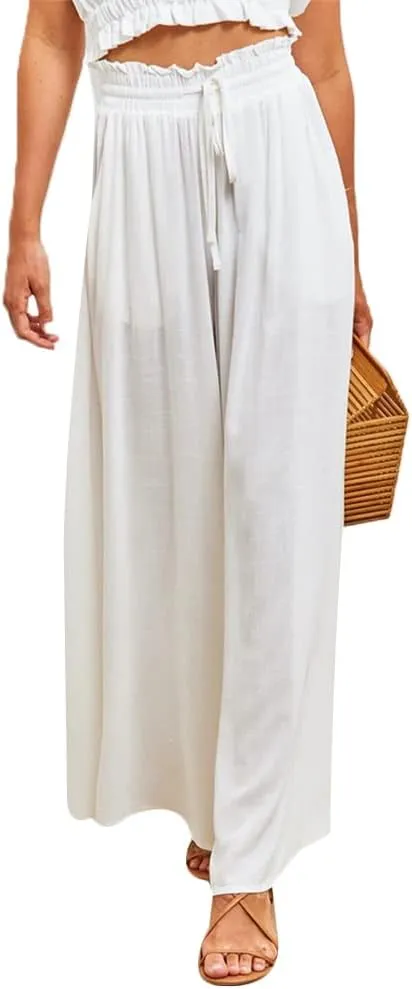 Womens Wide Leg Pants Casual Loose Drawstring Elastic Waist Beach Culottes Pants