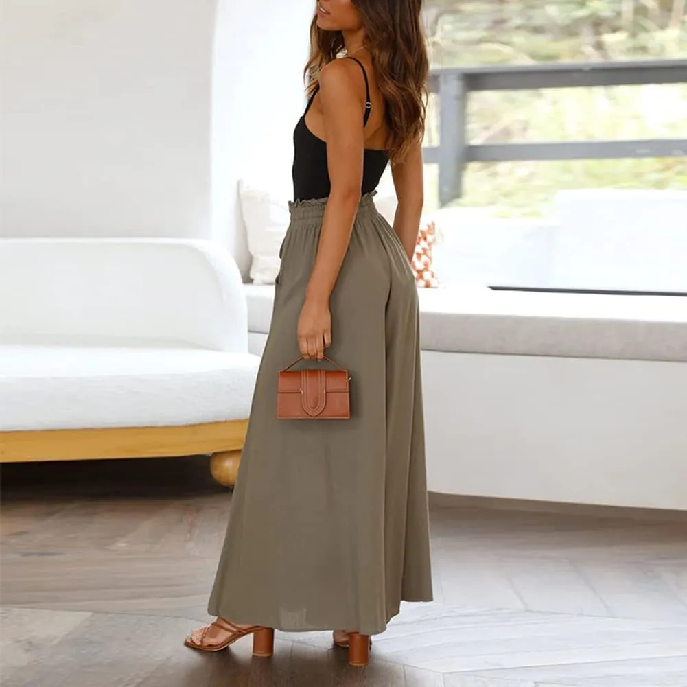 Womens Wide Leg Pants Casual Loose Drawstring Elastic Waist Beach Culottes Pants