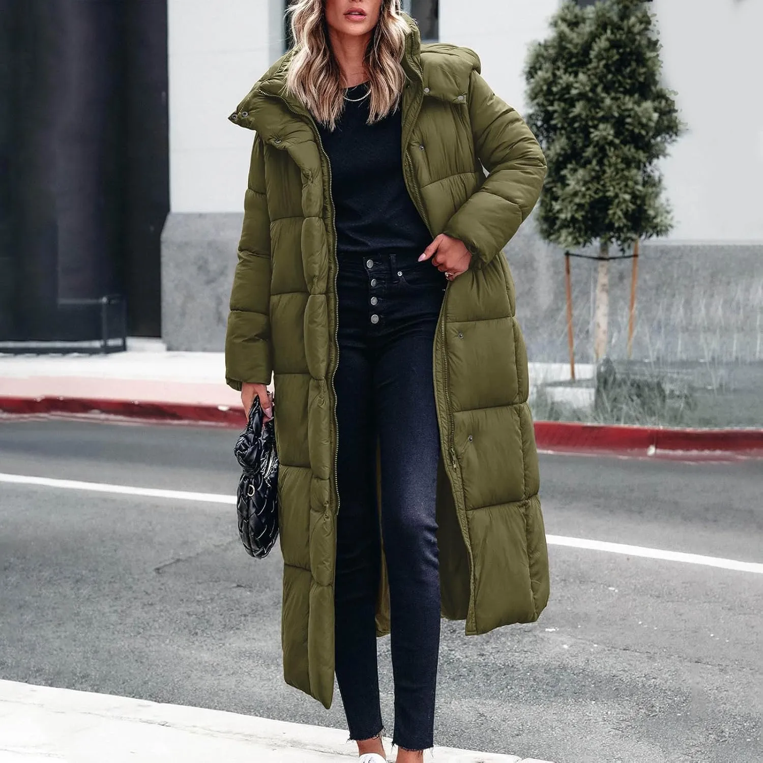Women's Winter Long Puffer Coats Hooded Zip Up Casual Thickened Down Jackets Trendy Warm Clothes Solid Outerwear Top