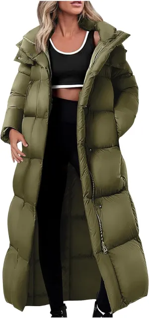Women's Winter Long Puffer Coats Hooded Zip Up Casual Thickened Down Jackets Trendy Warm Clothes Solid Outerwear Top