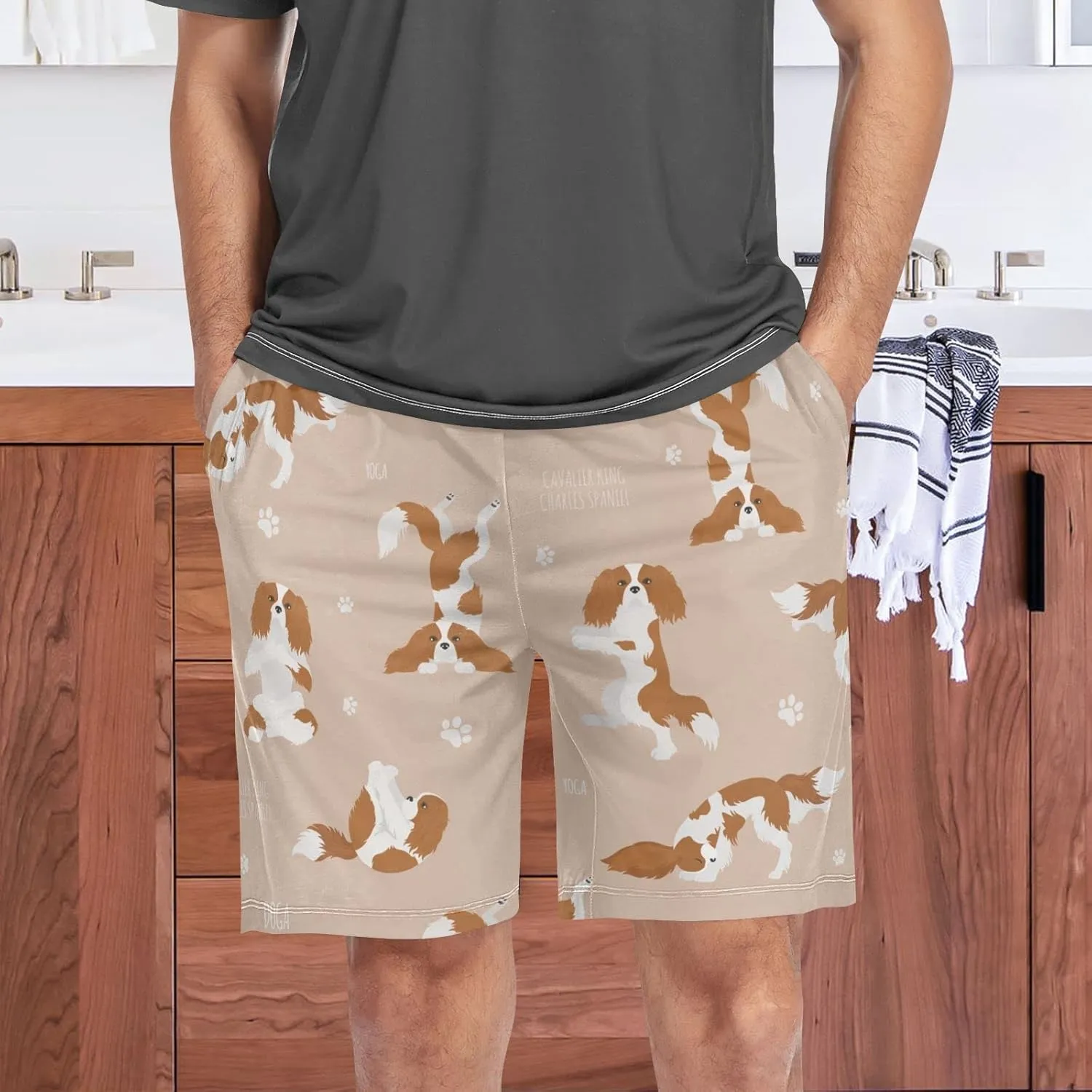Yoga Cavalier King Charles Spaniel Dog Men's Pajama Pants Shorts Sleepwear Lounge Pajama Bottoms