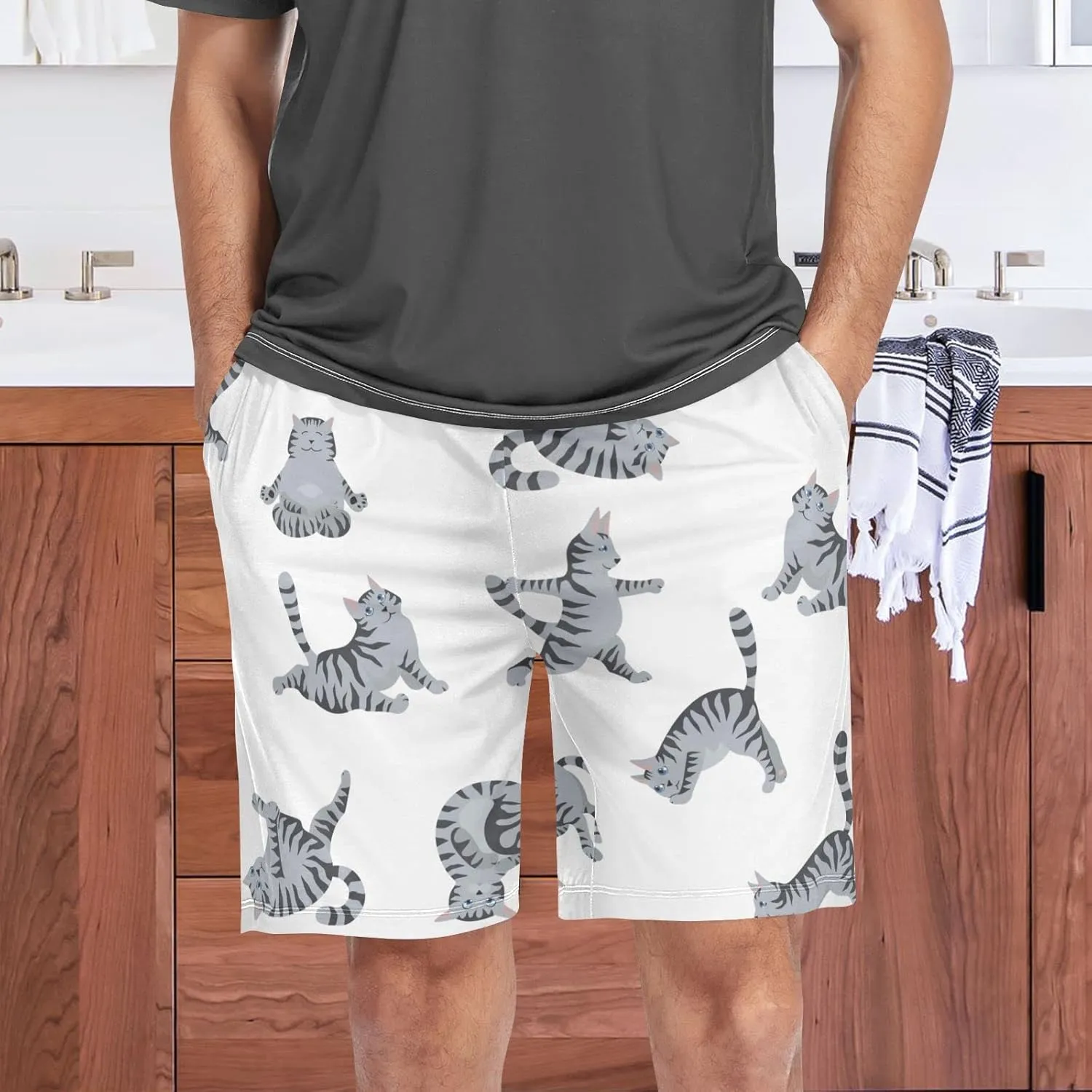 Yoga Tabby Cat Pattern Cute Kitten Men's Pajama Pants Shorts Sleepwear Lounge Pajama Bottoms
