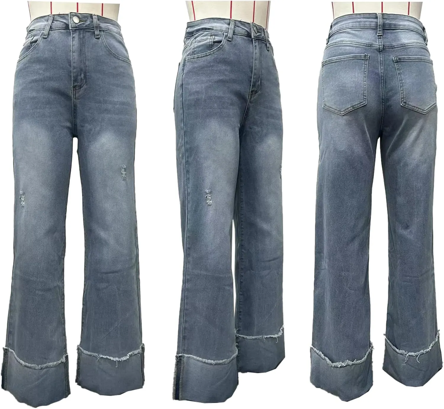 YOOTIKO Women's Stretch Cuffed Jeans High Waisted Wide Straight Leg Baggy Ripped Denim Pants