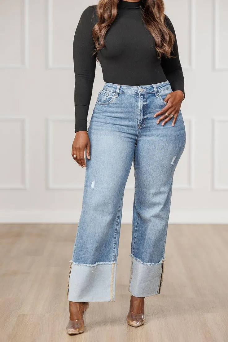YOOTIKO Women's Stretch Cuffed Jeans High Waisted Wide Straight Leg Baggy Ripped Denim Pants