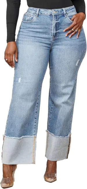 YOOTIKO Women's Stretch Cuffed Jeans High Waisted Wide Straight Leg Baggy Ripped Denim Pants