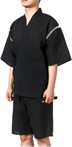 ZEALMAX Men's Kimono Japanese Shirt and Shorts Suit, Cotton Linen Loungewear Lounge Set Spa Bathrobe, Black
